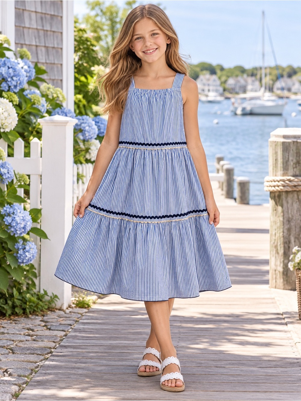 J.Crew Crewcuts Girls 10 Blue White Striped Tiered Rickrack Midi Dress preppy
